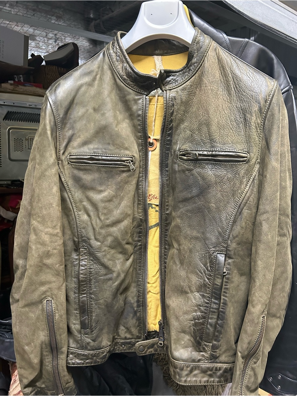 Alife Olive Green Leather Bomber Jacket with Yellow Lining